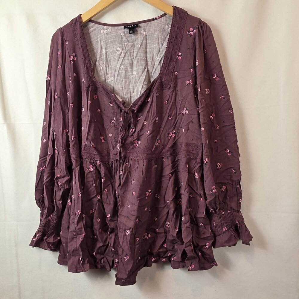 Torrid women's shirt Babydoll Rayon Slub Lace Trim Plus Size 1X Floral